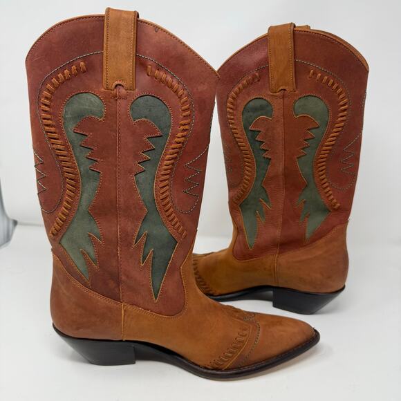 Vintage Circle S Western Cowboy Boots Brown Leather Green Inlay Pointed Toe 10 - Picture 5 of 8